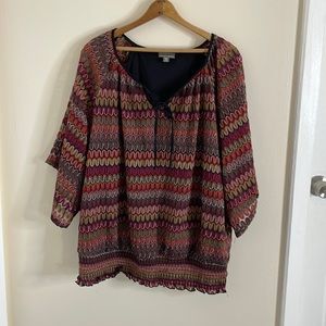 Roz & Ali blouse boho bell sleeve knit tank lined ruched waist size 2X